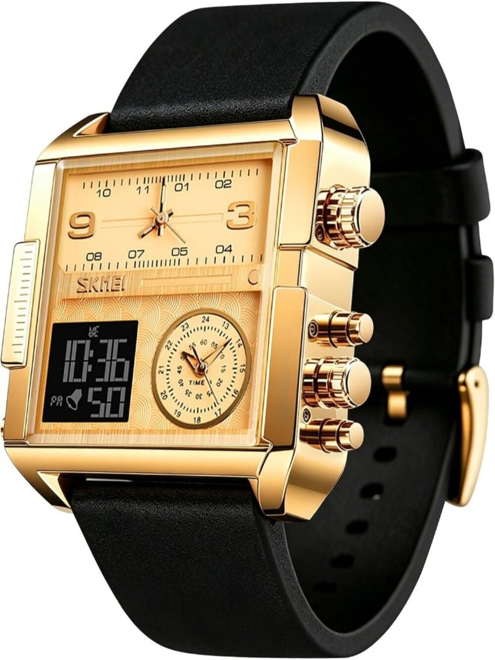 Men's Gold Black LED Square Large Face Analog Quartz Digital Sports Wrist Watch